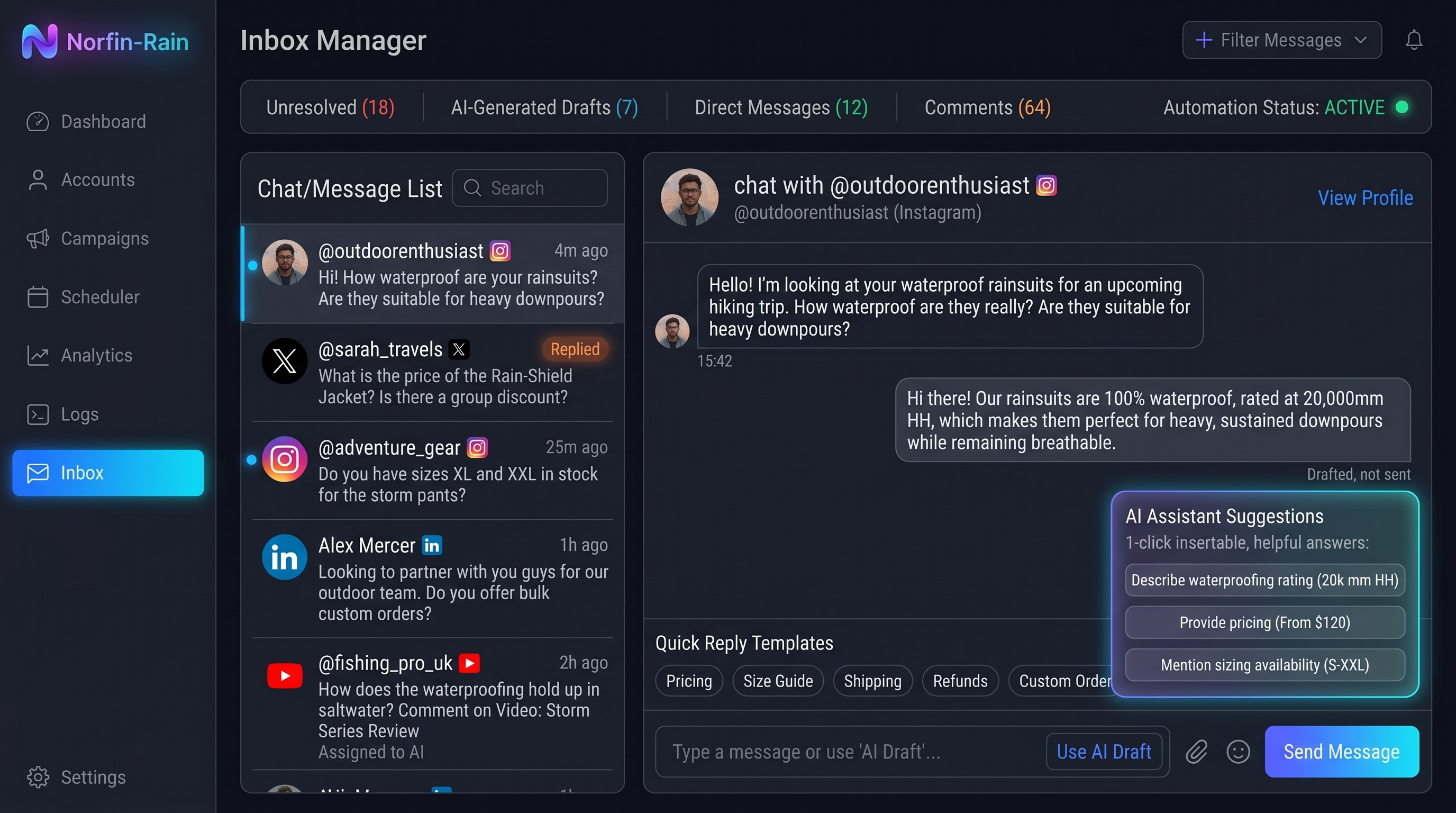 Norfin-Rain Inbox Manager — one window for DMs and comments
